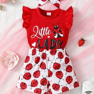 Ladybug Baby Girl Outfit | Little Lady 3PC Set 6 - 9M -3T Infant Summer Clothes